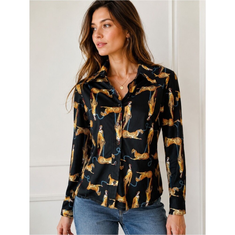 VTG 70s Black Lady Cheetah Print Button Shirt Sz S Retro Animal Novelty Blouse